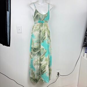 Charlie Jade Green and Blue Dress with Vibrant Colors And Tropical Leaves Print
